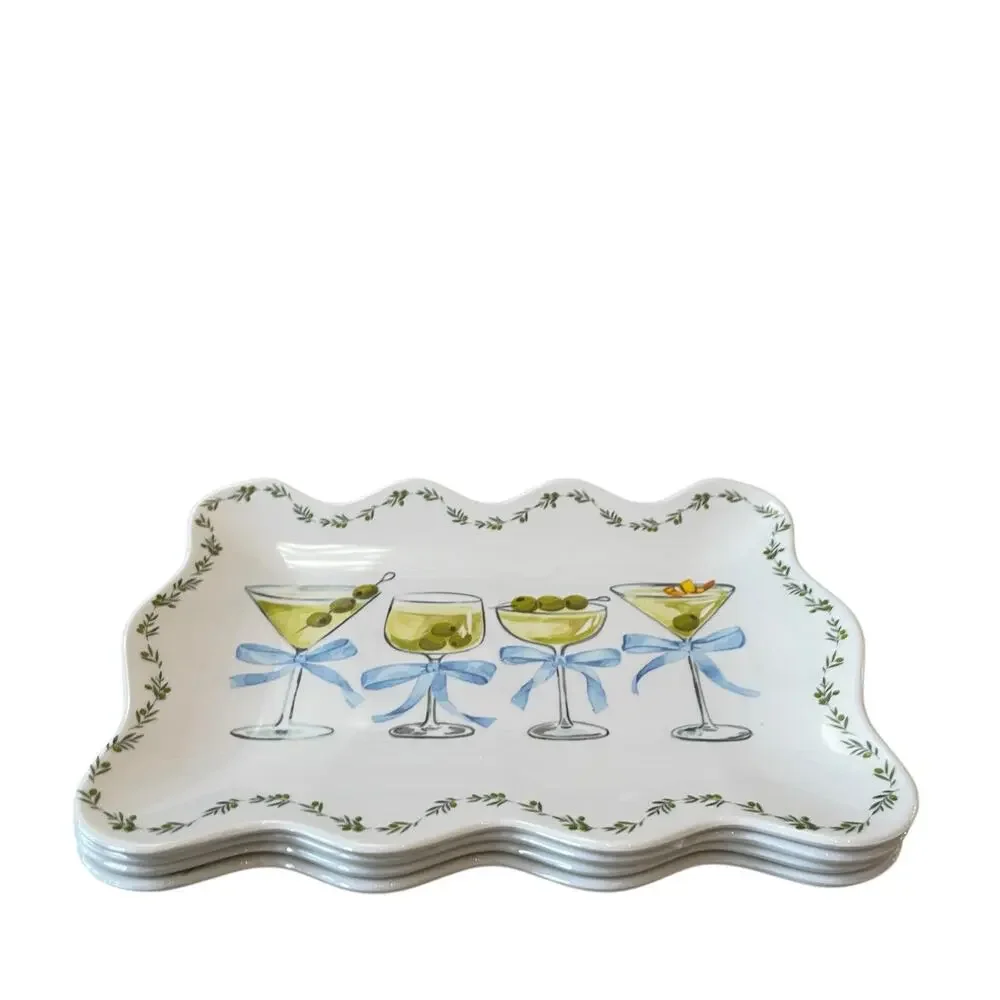 Rachel Zoe Cocktails & Bows Melamine Appetizer Plates 9x6 Set of 4 Scalloped NEW